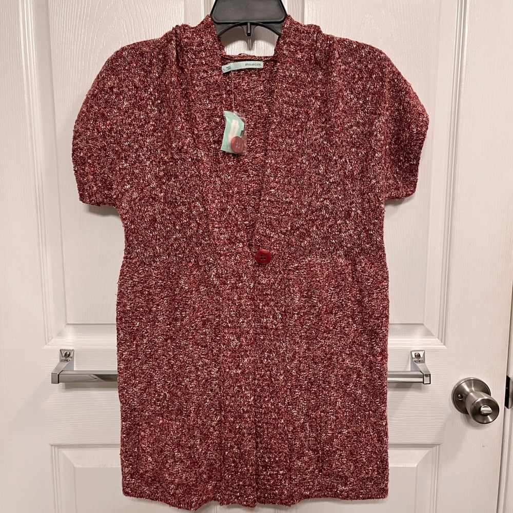 Maurices Womens Short Sleeve Hooded Cardigan Sweater Burgundy Marled Knit Large